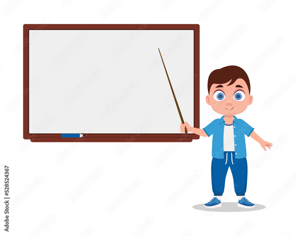 Cute boy with a pointer, at the white board. Vector illustration Cute boy with a pointer, at the white board. Vector illustration