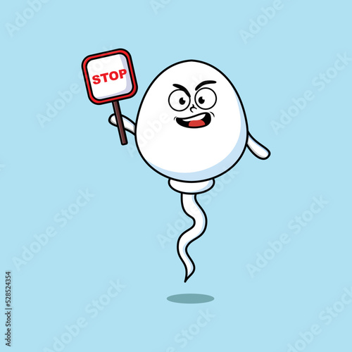 Cute Cartoon mascot illustration sperm with stop sign board vector drawing cute modern style design 