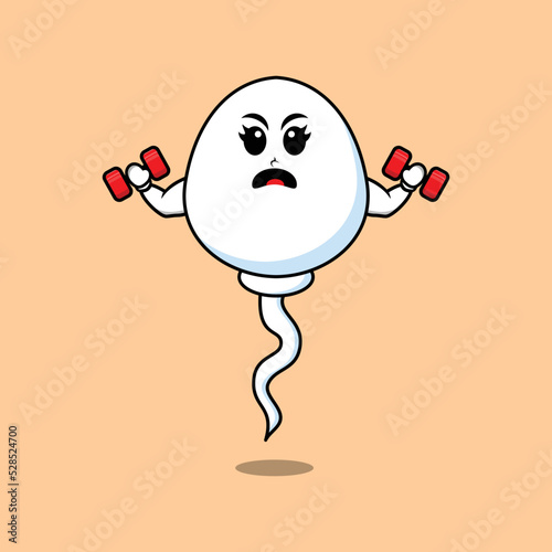 Cute cartoon sperm character is fitness with barbell in modern style design 