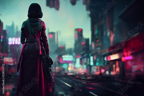 a female assassin in a cyberpunk city photo
