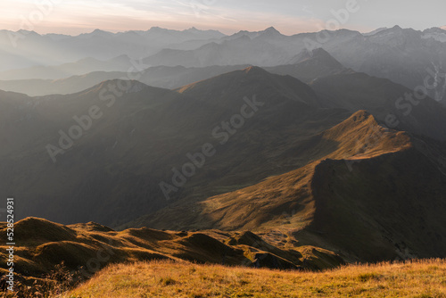 Early cool autumn morning in the Alpine mountains photo