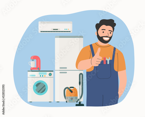 Concept for home appliances repair service.Worker with tools, washing machine, refrigerator, vacuum cleaner and air conditioner in the background. Vector illustration.
