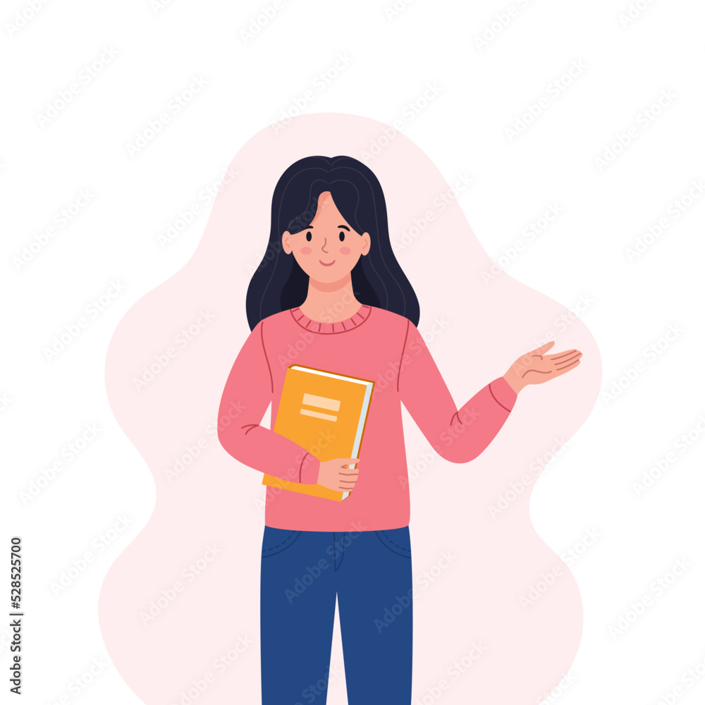 Fototapeta premium A young happy woman with a book. Teacher's Day, the concept of Literacy day. The concept of school and training. Cute vector illustration in a flat cartoon style
