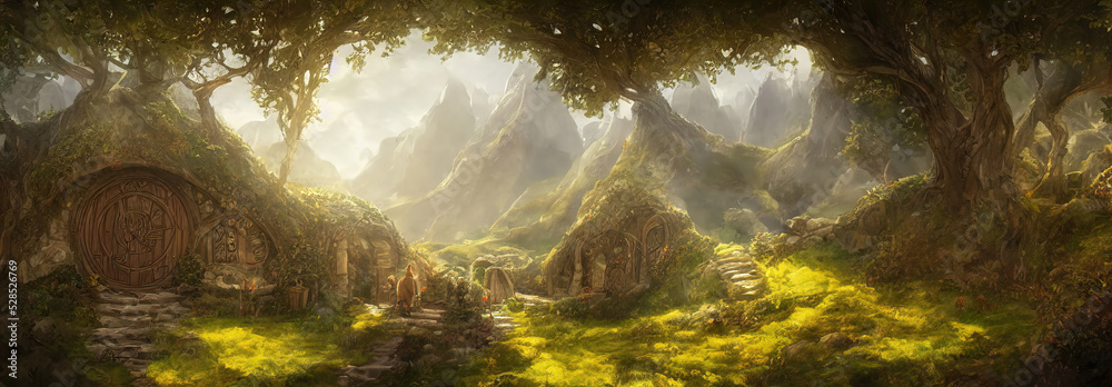Hobbit village, houses with round doors and windows. Roofs of the houses are covered with grass. World of the Lord of the Rings. 3d illustration - obrazy, fototapety, plakaty 