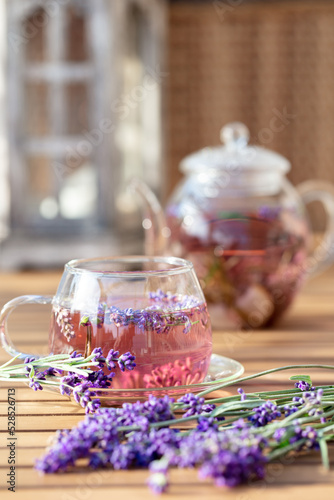 Glass cup of lavender tea.