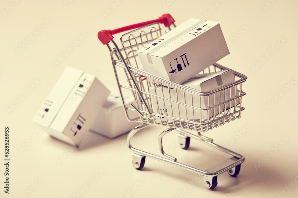 shopping trolley with boxes, online business
