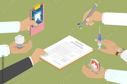 3D Isometric Flat Vector Conceptual Illustration of Dental Insurance Policy, Teeth Treatment