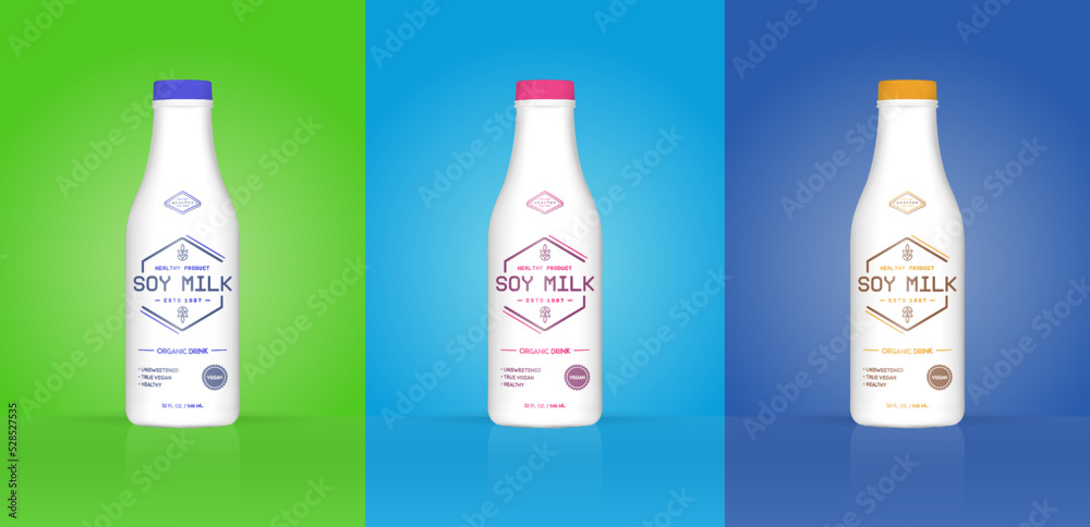 Set of Soy Milk Bottle with Colorful Background. Healthy Organic Product Made of Soy Beans. Vector Illustration. Advertising Template. Print. Set of Soy Milk Bottle with Colorful Background. Healthy Organic Product Made of Soy Beans. Vector Illustration. Advertising Template. Print.