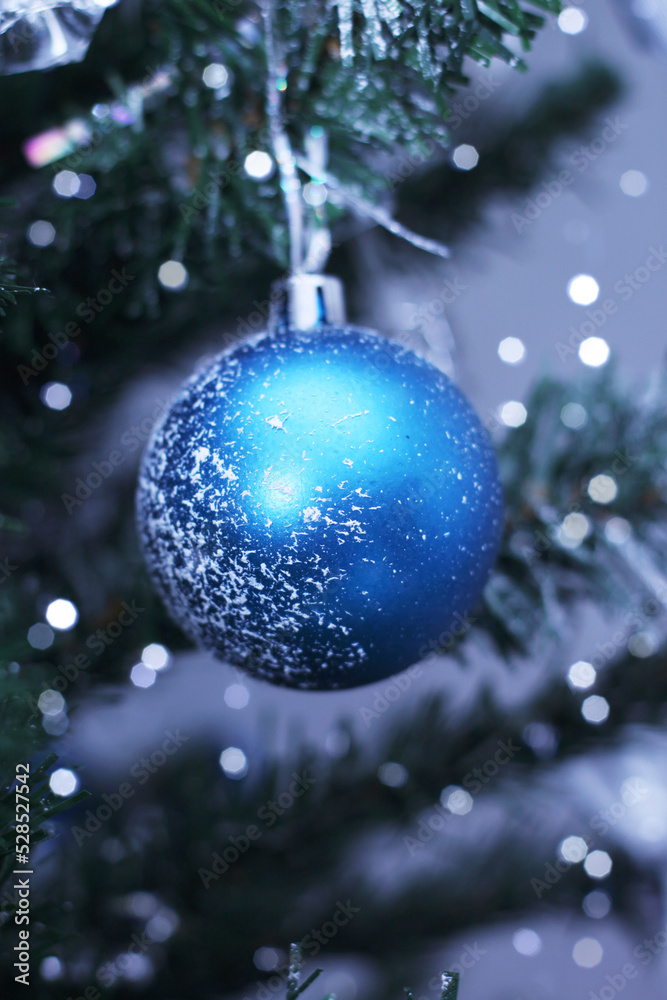 Blue decorative New Year tree ball closeup Blue decorative New Year tree ball closeup