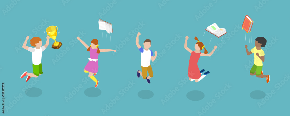 3D Isometric Flat Vector Conceptual Illustration of Jumping Happy Kids, Back to School