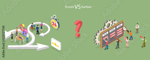 3D Isometric Flat Vector Conceptual Illustration of Scrum Vs Kanban, Software Development Methodology