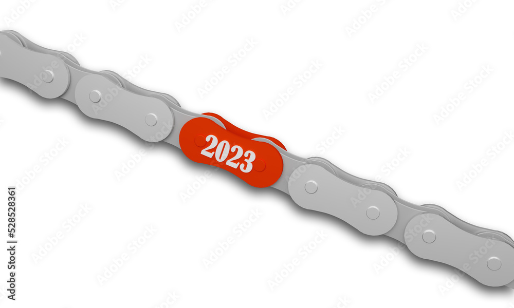 The concept of the year 2023 on a motorcycle chain represents the relationship between the previous year 2022 to 2023 with a 3D rendering illustration design on a white background. The concept of the year 2023 on a motorcycle chain represents the relationship between the previous year 2022 to 2023 with a 3D rendering illustration design on a white background.