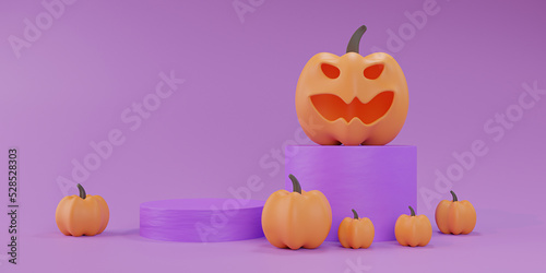 Halloween 3d podium background pumpkin orange for the platform product display, Jack O Lantern pumpkin 3D render illustration for Halloween background on orange color.