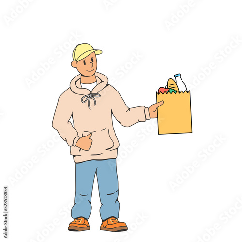 Young man, delivery man. Holds a grocery bag in his hand. Smiling and showing thumbs up. The concept of fast food delivery to your home. Modern stock vector illustration of food delivery. 