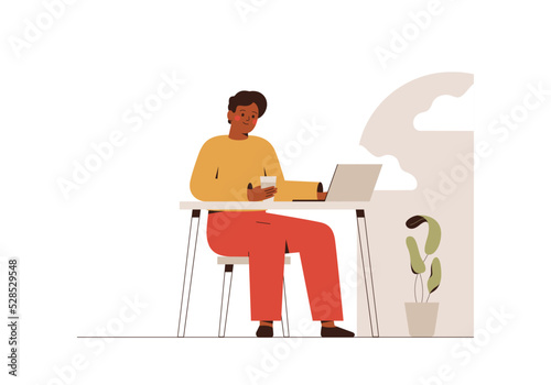 Black skin male freelancer works in cafe and drinks coffee. Young man sitting at table and using laptop for chatting or online meeting. Self employed guy at comfortable coworking. Vector illustration