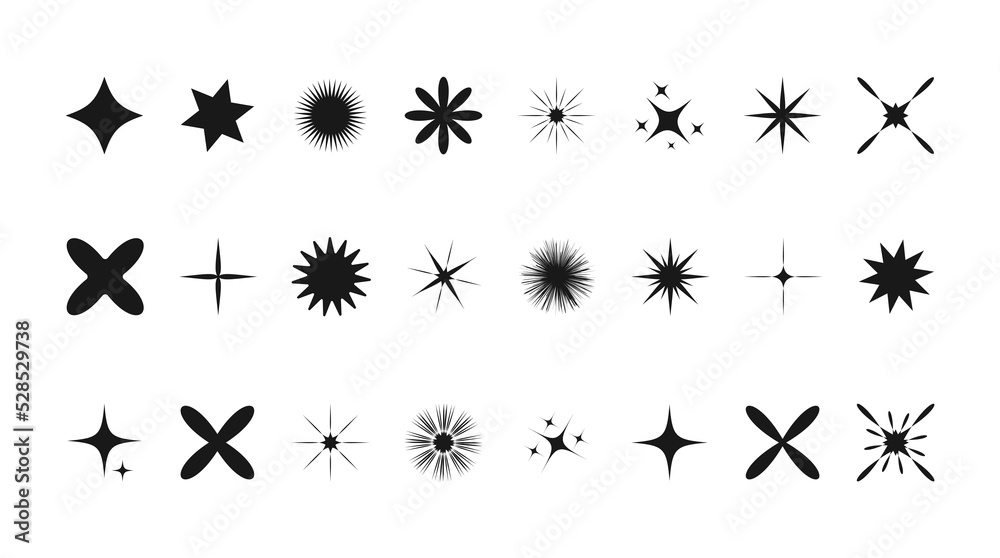  Modern geometric different elements, shining star icons,black  sparkle  vector symbol.Vector illustration isolated on white background.