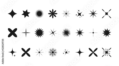  Modern geometric different elements, shining star icons,black sparkle vector symbol.Vector illustration isolated on white background.