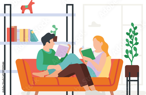 Couple daily routine. Everyday activity. Happy guy and girl living together. People sitting on sofa. Man and woman reading books. Relaxing on couch. Home leisure. Vector illustration