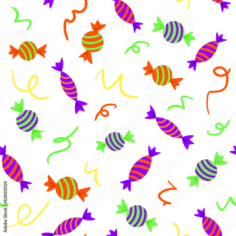 Decorative fancy seamless pattern with sweeets and decor. Halloween decorative seamless pattern