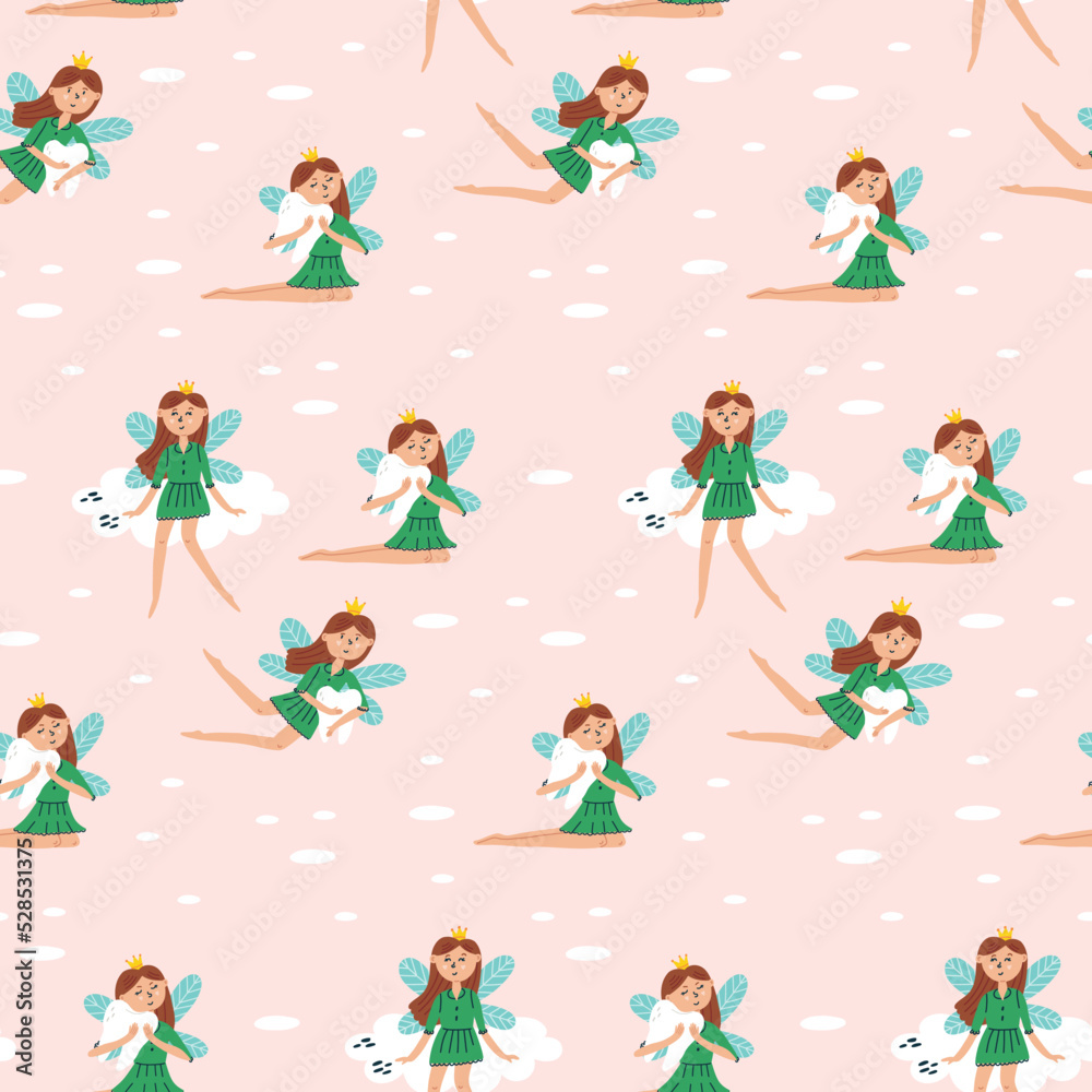 Seamless pattern character flying fairy with a tooth sitting on a cloud. Cartoon stomatology repeat background. Dental children digital paper for wallpaper, textile, fabric design