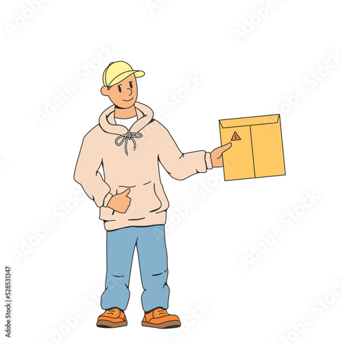 Young man,deliverer.Holds an envelope,package in his hand.Smiling and showing thumbs up.The concept of fast delivery of parcels to the house.Modern stock vector illustration of delivery of the order.