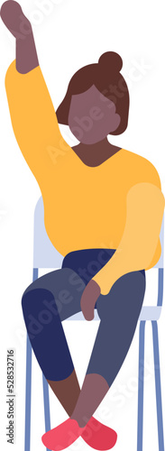 Sitting student with raised hand. Young black woman character
