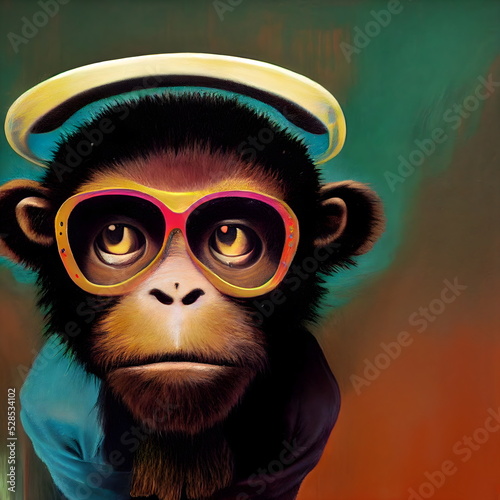 Canvastavla Stylized cool funky monkey portrait colored 3D Illustration with a colorful back