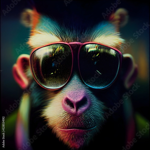 Stylized cool funky monkey portrait colored 3D Illustration with a colorful background © Ecleposs