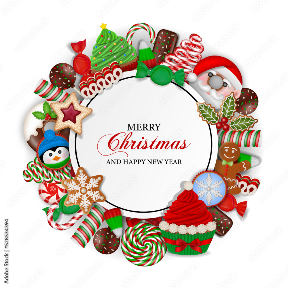 Obraz premium Christmas background with sweets. christmas round frame with candies and cakes