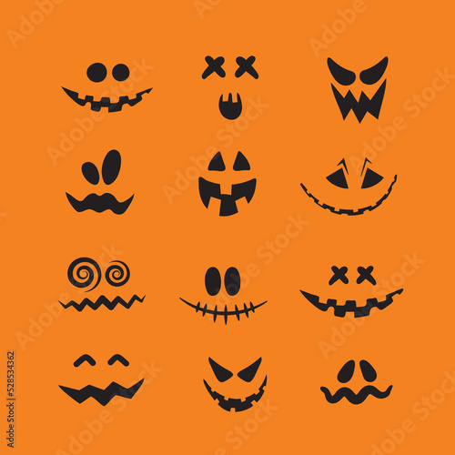 Set of scary and funny Halloween pumpkin or ghost faces isolated on orange background. Vector collection.