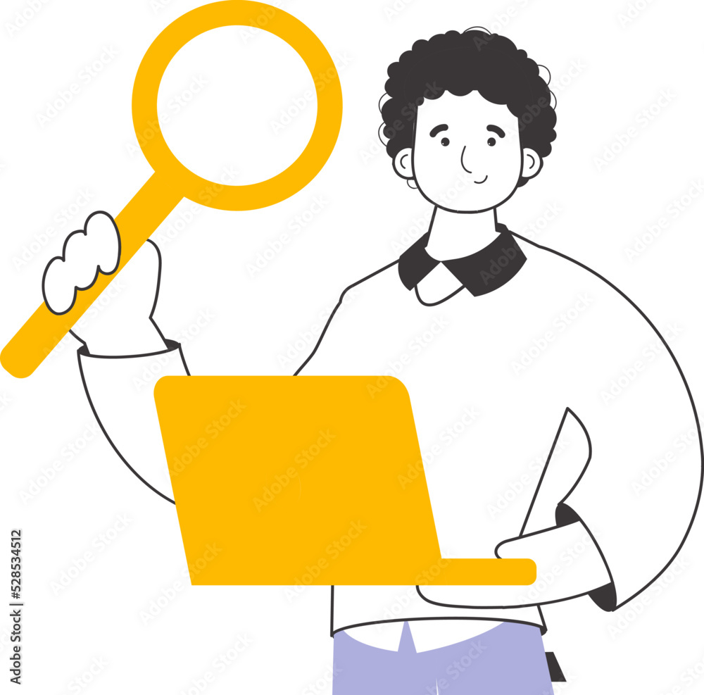 The guy holds a magnifying glass and a laptop in his hands. Job Search Theme. H.R. Linear modern style. Isolated. Vector. The guy holds a magnifying glass and a laptop in his hands. Job Search Theme. H.R. Linear modern style. Isolated. Vector.