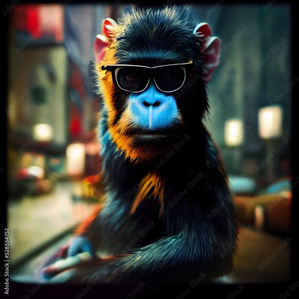 custom made wallpaper toronto digitalStylized cool funky monkey portrait colored 3D Illustration with a colorful background