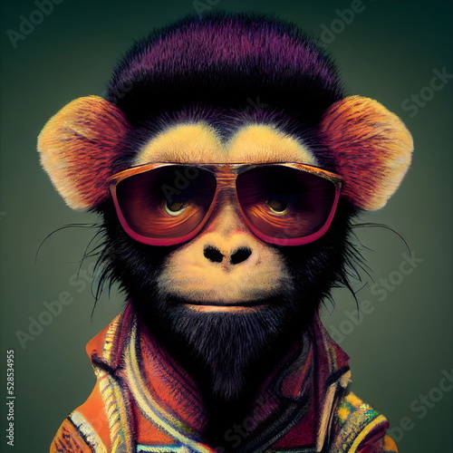 Fotografia Stylized cool funky monkey portrait colored 3D Illustration with a colorful back