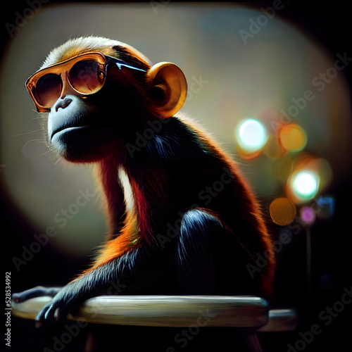 Stylized cool funky monkey portrait colored 3D Illustration with a colorful back Fototapet