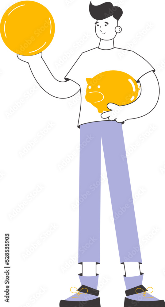 A man holds a coin and a piggy bank in his hands. The theme of saving money. Linear modern style. Isolated. Vector.