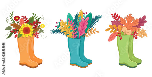 Vector illustration set autumn wellies boots with blooming bouquet autumn flowers, leaves, sunflowers