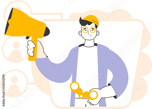 A man holds a mouthpiece and binoculars in his hands. Job Search Theme. H.R. Linear trendy style.