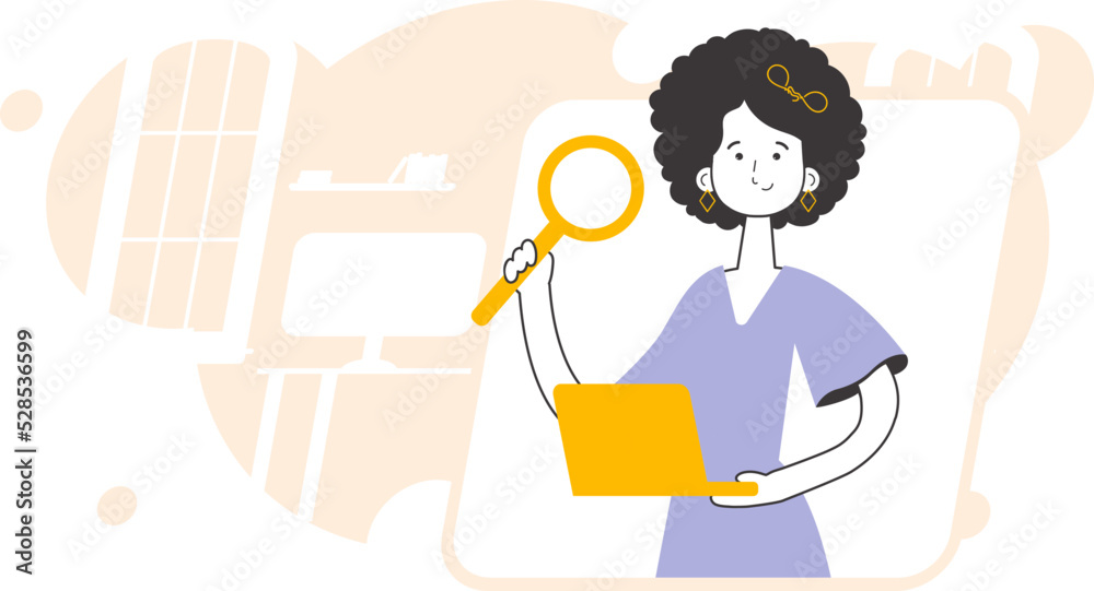The girl holds a magnifying glass and a laptop in her hands. Job Search Theme. H.R. Linear style. The girl holds a magnifying glass and a laptop in her hands. Job Search Theme. H.R. Linear style.