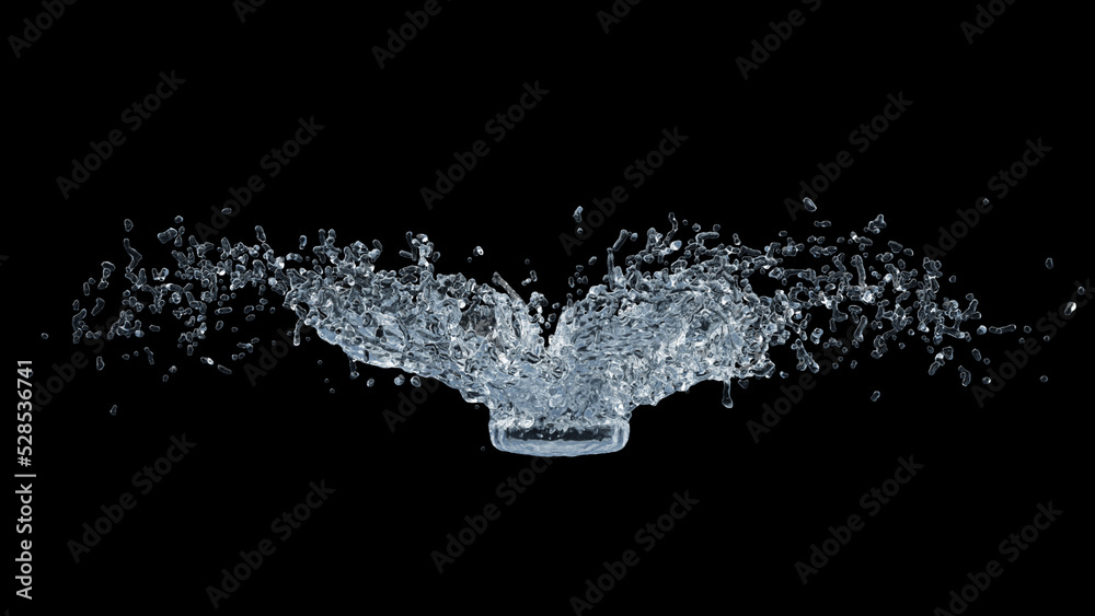 Fototapeta premium Water Splash with droplets on black background. 3d illustration.