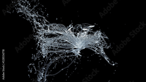 Water Splash with droplets on black background. 3d illustration.