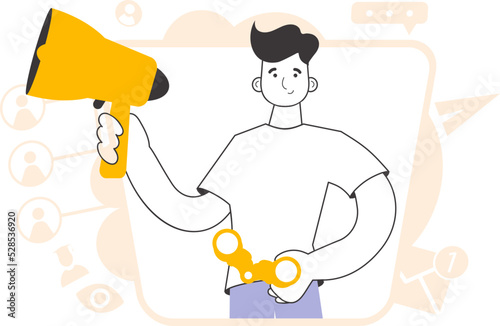 A man holds a mouthpiece and binoculars in his hands. Job Search Theme. H.R. Linear modern style.