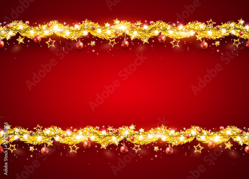 Borders with golden fir branches, stars, lights on red empty background. Pine, xmas evergreen plants banner. Vector Christmas tree and garland