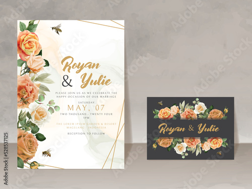 beautiful wedding invitation card template with honey bee and floral design