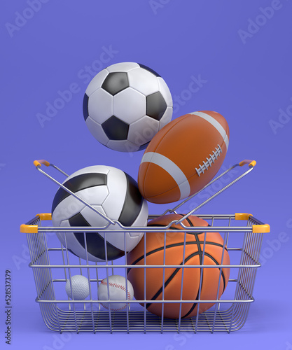 Set of ball like basketball  football and golf in shopping basket on violet