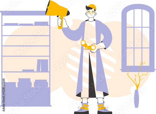 The guy holds a mouthpiece and binoculars in his hands. Job Search Theme. H.R. Linear trendy style.