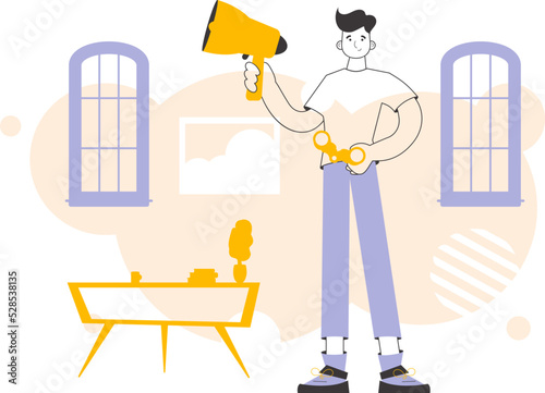 The guy holds a mouthpiece and binoculars in his hands. Job Search Theme. H.R. Linear modern style.