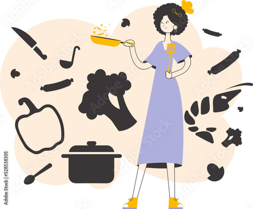 The woman cook is holding a frying pan. Linear style.