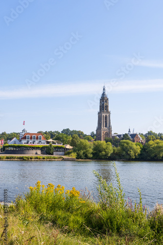 Skyline of Rhenen with Cunerakerk and restaurant Province of Utrecht. The Lower Rhine is very narrow with extremely low water as result of the hit wave in the summer of 2022