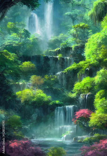 waterfall in the forest can be use for as a anime background or game background. Colorful painting of waterfall in forest. Trees and river. bright nature landscape. 