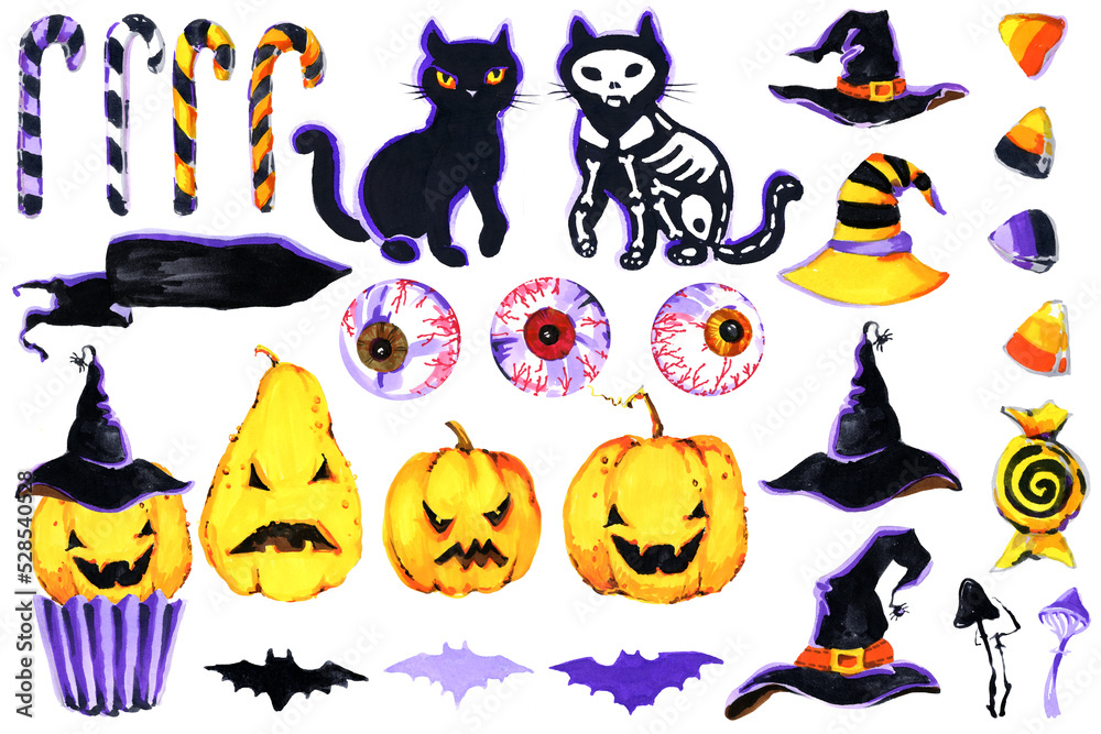 Smiling and funny Halloween illustration set: pumpkin, mushrooms, cat, bat, candy, witch hat, jelly eyes. Isolated icons Smiling and funny Halloween illustration set: pumpkin, mushrooms, cat, bat, candy, witch hat, jelly eyes. Isolated icons